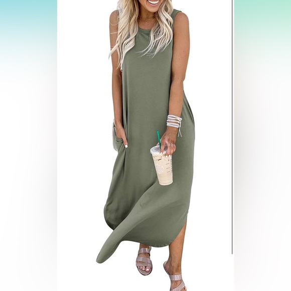 Olive green maxi dress w slit - Picture 2 of 7